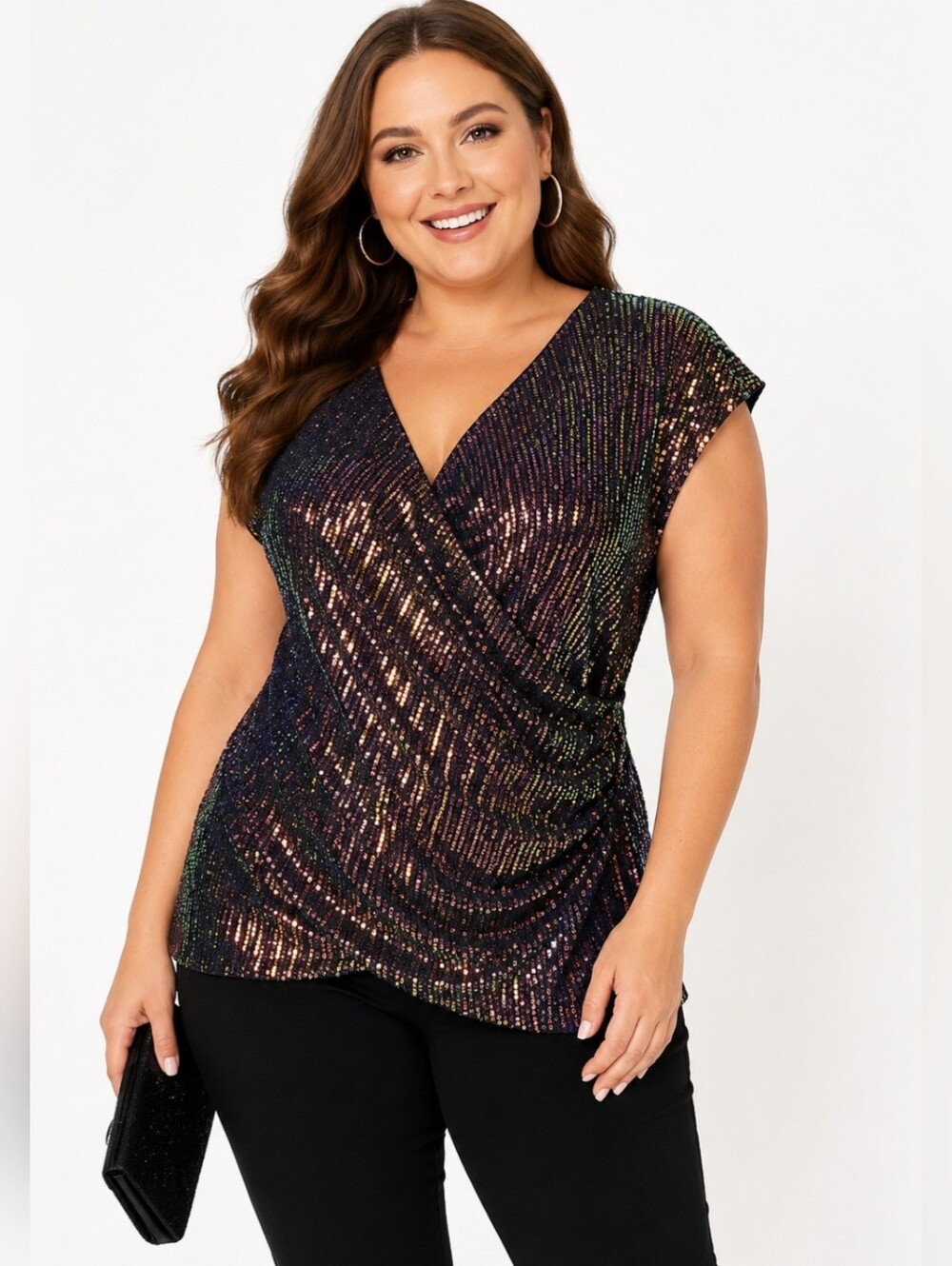 Grace Karin XL Black Iridescent Sequin Faux Wrap Party Top Cap Sleeve